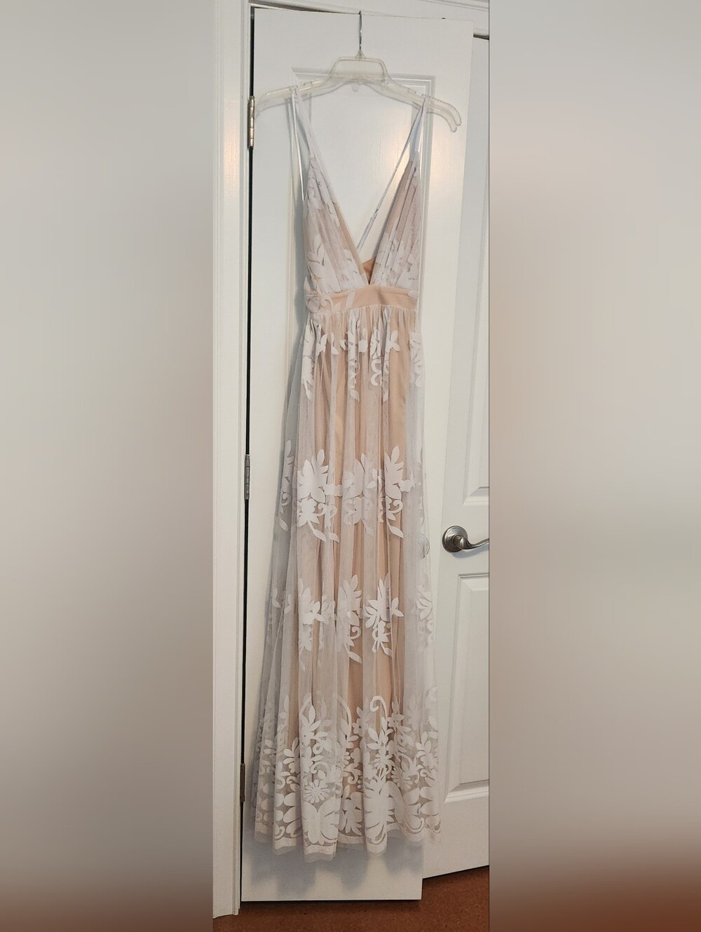 Luxxel Nude Beige Maxi Skirt with White Floral Lace Overlay